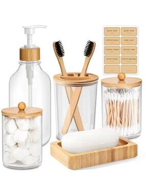Bamboo Bathroom Accessory Set 5 Pcs, Boho Bathroom Accessories Sets Complete